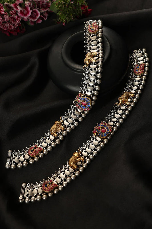 Two-Tone Finish Kundan Polki Payals In Sterling Silver (Set Of 2)
