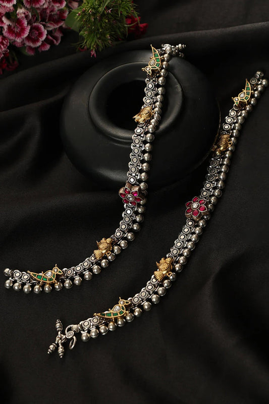 Two-Tone Finish Kundan Polki Payals In Sterling Silver (Set Of 2)
