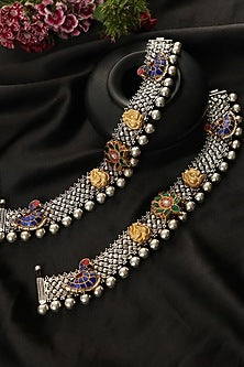 Two-Tone Finish Kundan Polki Payals In Sterling Silver (Set Of 2)