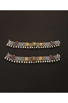 Two-Tone Finish Kundan Polki Payals In Sterling Silver (Set Of 2)