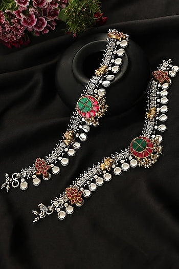 Two-Tone Finish Kundan Polki Payals In Sterling Silver (Set Of 2)