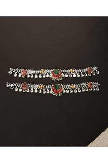 Two-Tone Finish Kundan Polki Payals In Sterling Silver (Set Of 2)