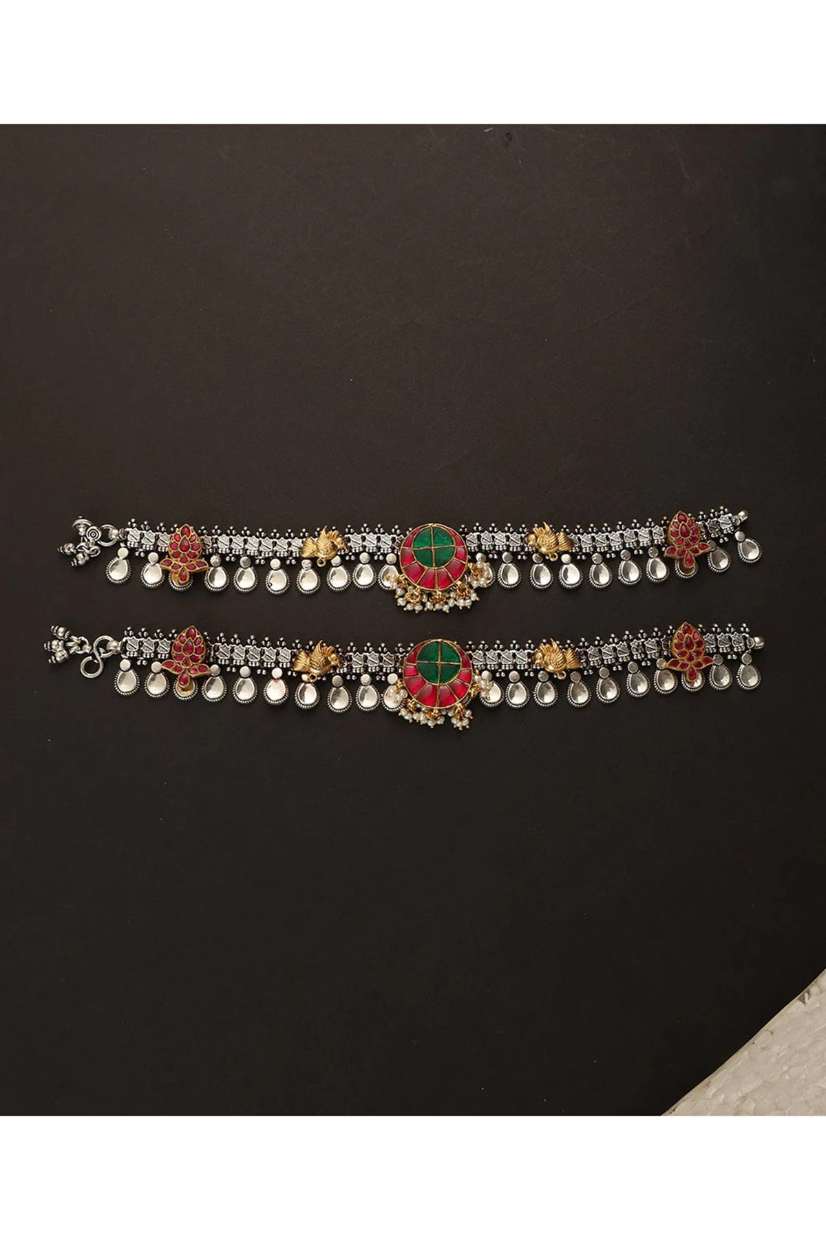 Two-Tone Finish Kundan Polki Payals In Sterling Silver (Set Of 2)