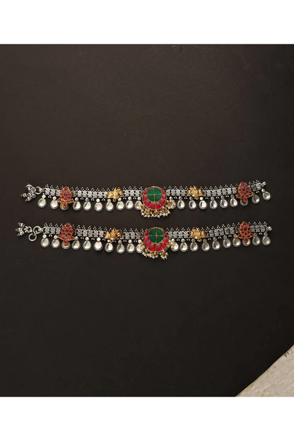 Two-Tone Finish Kundan Polki Payals In Sterling Silver (Set Of 2)