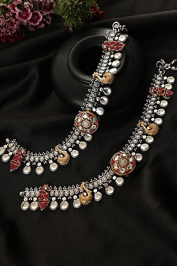 Two-Tone Finish Kundan Polki Payals In Sterling Silver (Set Of 2)