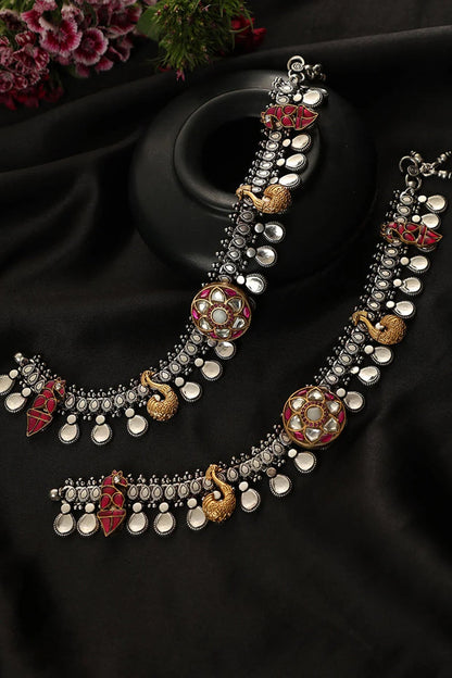 Two-Tone Finish Kundan Polki Payals In Sterling Silver (Set Of 2)