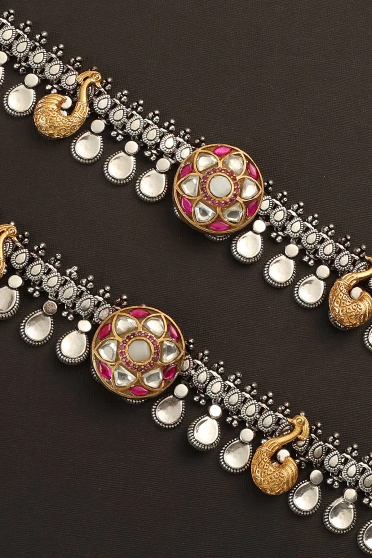 Two-Tone Finish Kundan Polki Payals In Sterling Silver (Set Of 2)