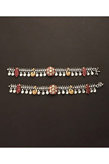 Two-Tone Finish Kundan Polki Payals In Sterling Silver (Set Of 2)