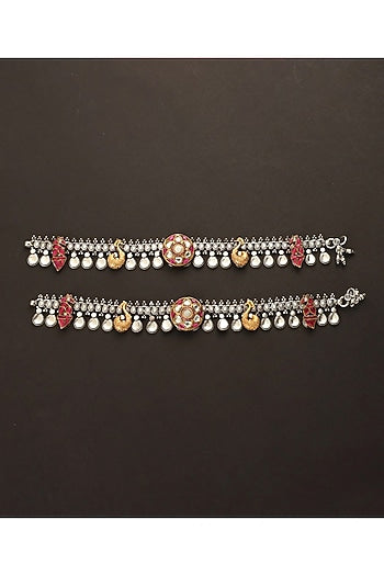 Two-Tone Finish Kundan Polki Payals In Sterling Silver (Set Of 2)