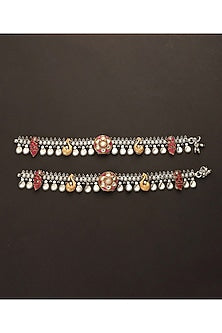 Two-Tone Finish Kundan Polki Payals In Sterling Silver (Set Of 2)