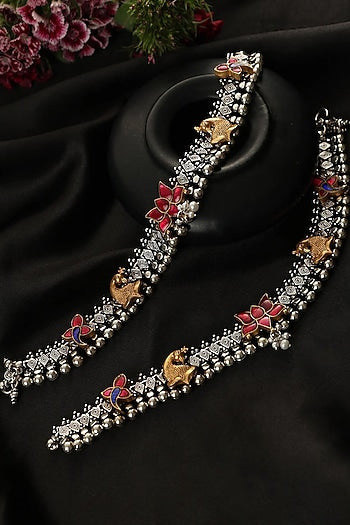 Two-Tone Finish Kundan Polki Payals In Sterling Silver (Set Of 2)