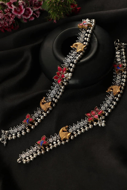 Two-Tone Finish Kundan Polki Payals In Sterling Silver (Set Of 2)