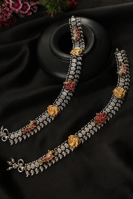 Two-Tone Finish Kundan Polki Payals In Sterling Silver (Set Of 2)