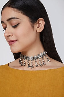 White Finish Ganpati Choker In Sterling Silver