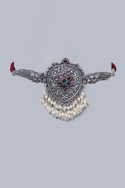 White Finish Pearl Floral Choker In Sterling Silver