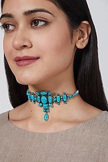 White Finish Lapiz Stone Choker In Sterling Silver
