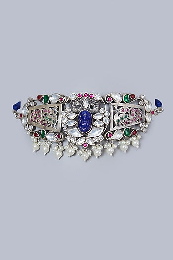 White Finish Kundan Polki Choker In Sterling Silver
