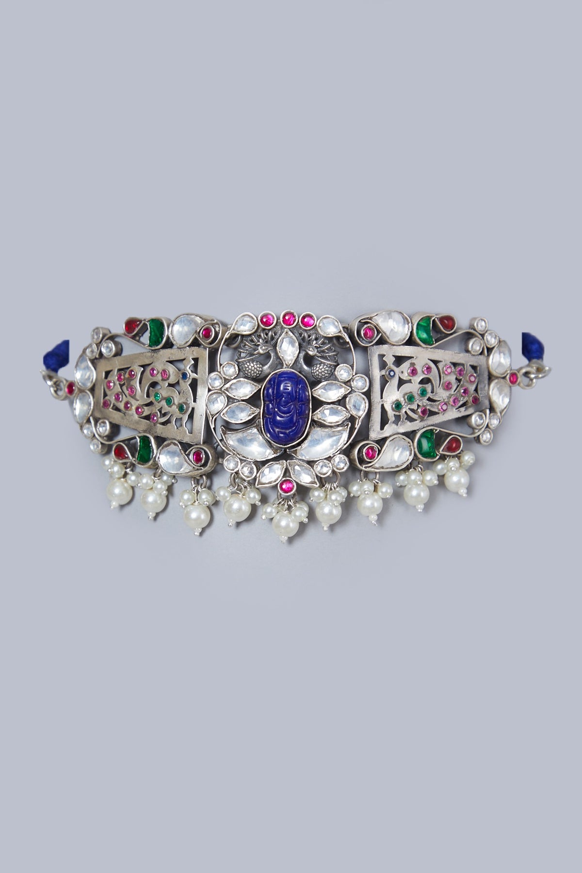 White Finish Kundan Polki Choker In Sterling Silver