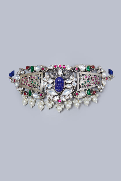 White Finish Kundan Polki Choker In Sterling Silver