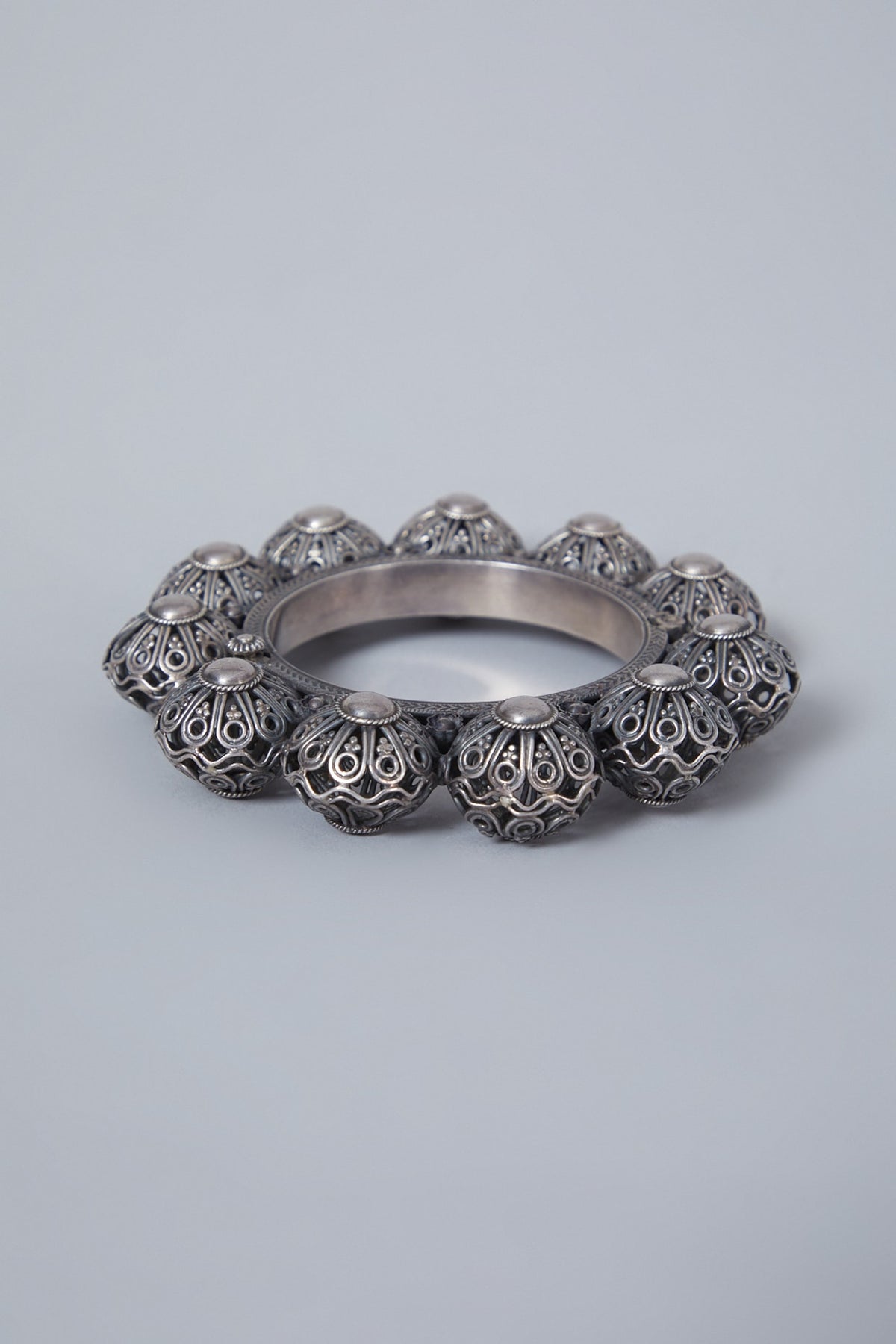 White Finish Handcrafted Ball Bangle In Sterling Silver