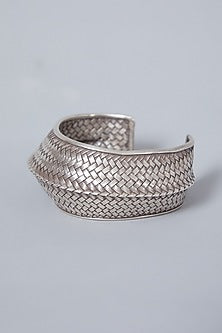 White Finish Textured Hand Cuff In Sterling Silver