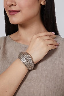 White Finish Textured Hand Cuff In Sterling Silver