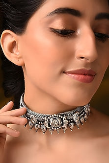 Silver Finish Tribal Choker Necklace In Sterling Silver