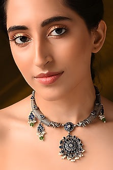 Silver Finish Blue & Green Stone Tribal Necklace In Sterling Silver