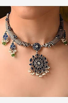 Silver Finish Blue & Green Stone Tribal Necklace In Sterling Silver