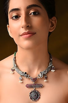 Silver Finish Red & Green Stone Tribal Necklace In Sterling Silver