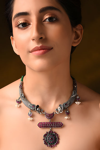 Silver Finish Red & Green Stone Tribal Necklace In Sterling Silver