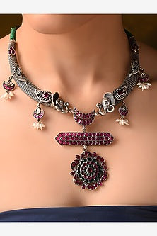 Silver Finish Red & Green Stone Tribal Necklace In Sterling Silver