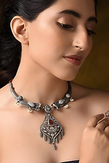 Silver Finish Red & Green Stone Tribal Necklace In Sterling Silver