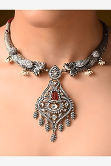 Silver Finish Red & Green Stone Tribal Necklace In Sterling Silver