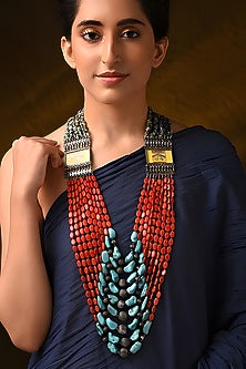 Silver Finish Red & Blue Stone Tribal Long Necklace In Sterling Silver