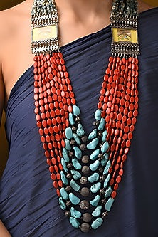 Silver Finish Red & Blue Stone Tribal Long Necklace In Sterling Silver