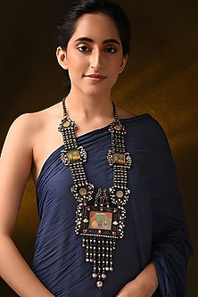 Silver Finish Hand-Painted Tribal Long Necklace In Sterling Silver