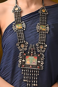 Silver Finish Hand-Painted Tribal Long Necklace In Sterling Silver