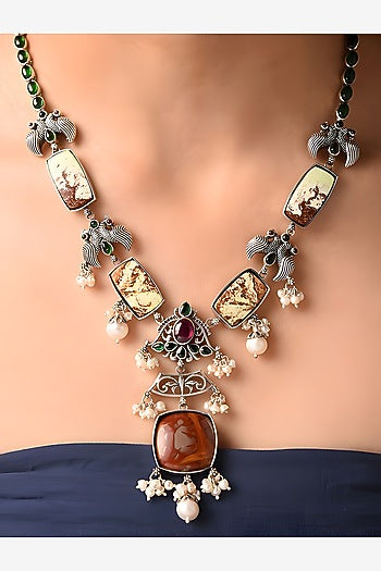 Silver Finish Red Stone Tribal Necklace In Sterling Silver