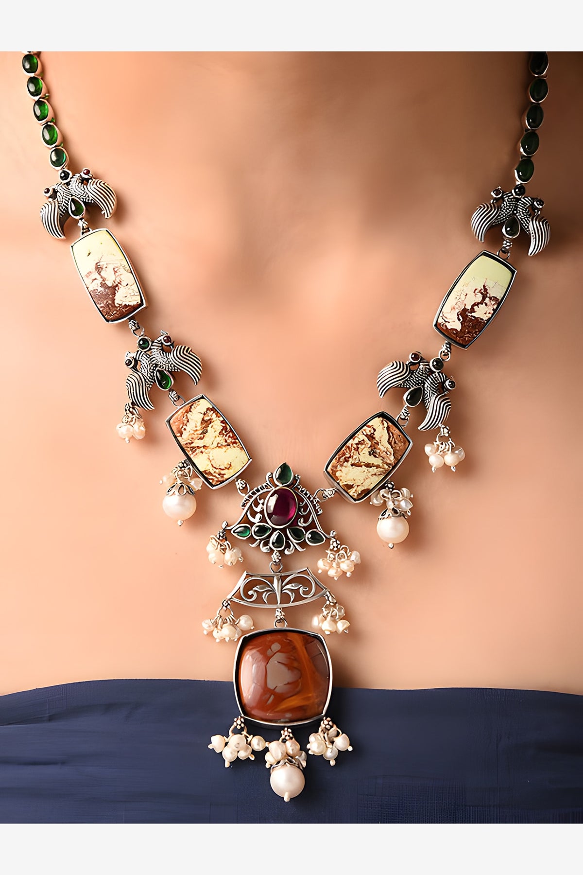 Silver Finish Red Stone Tribal Necklace In Sterling Silver