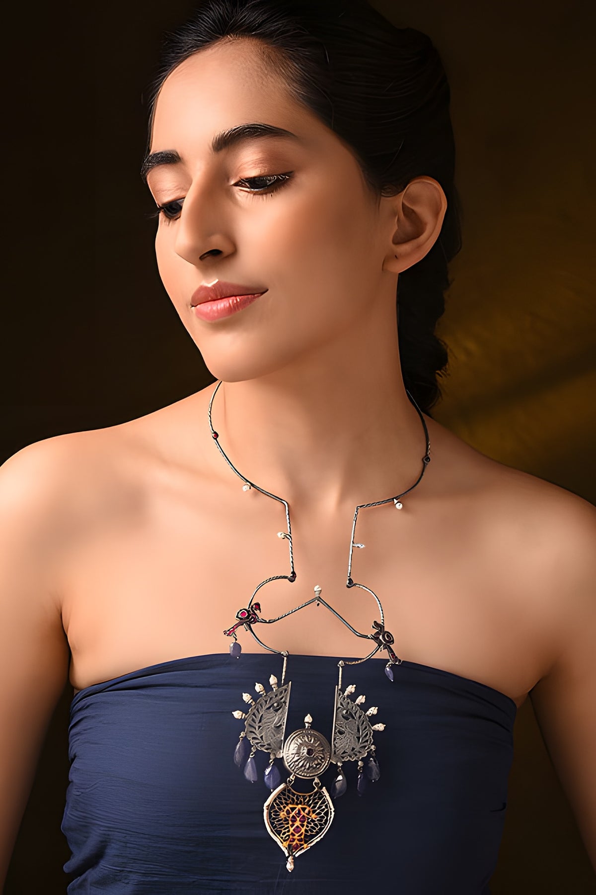 Two Tone Finish Blue & Red Stone Tribal Hasli Necklace In Sterling Silver