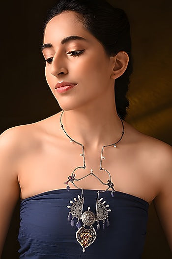 Two Tone Finish Blue & Red Stone Tribal Hasli Necklace In Sterling Silver