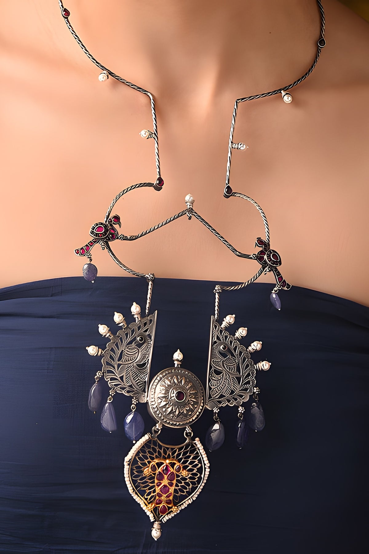 Two Tone Finish Blue & Red Stone Tribal Hasli Necklace In Sterling Silver