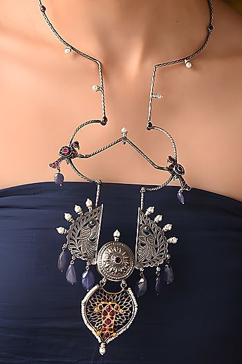 Two Tone Finish Blue & Red Stone Tribal Hasli Necklace In Sterling Silver