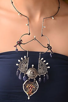 Two Tone Finish Blue & Red Stone Tribal Hasli Necklace In Sterling Silver