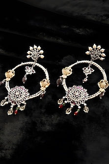 Two Tone Finish Multi-Colored Stone Temple Dangler Earrings In Sterling Silver