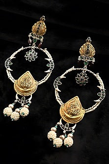 Two Tone Finish Multi-Colored Stone Temple Dangler Earrings In Sterling Silver