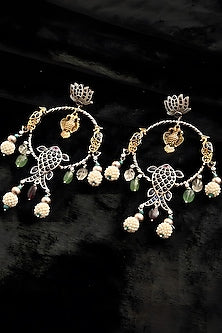 Two Tone Finish Multi-Colored Stone Temple Dangler Earrings In Sterling Silver