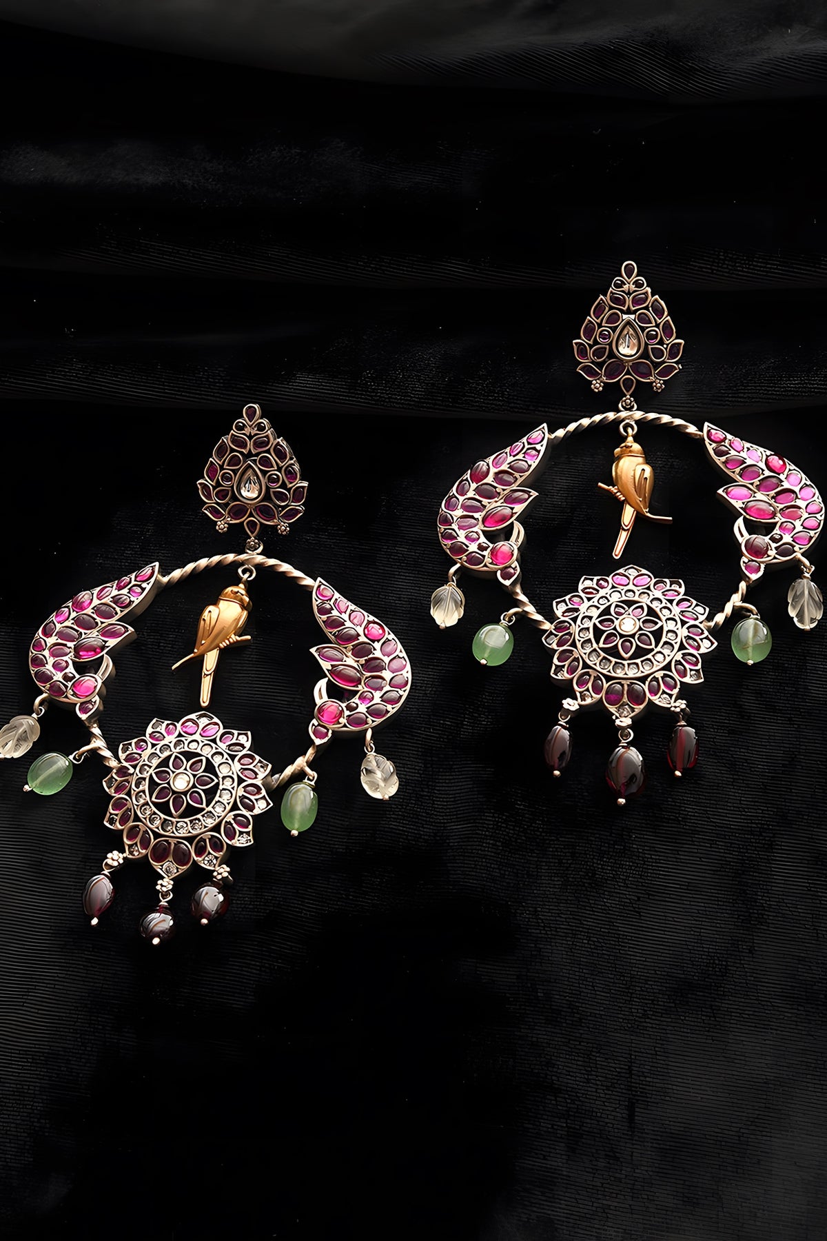 Two Tone Finish Multi-Colored Stone Temple Dangler Earrings In Sterling Silver