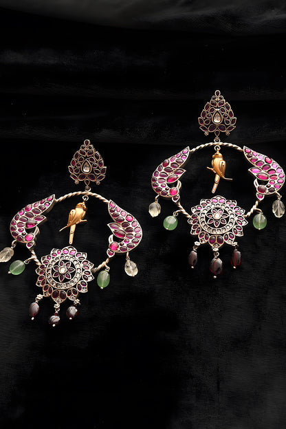 Two Tone Finish Multi-Colored Stone Temple Dangler Earrings In Sterling Silver